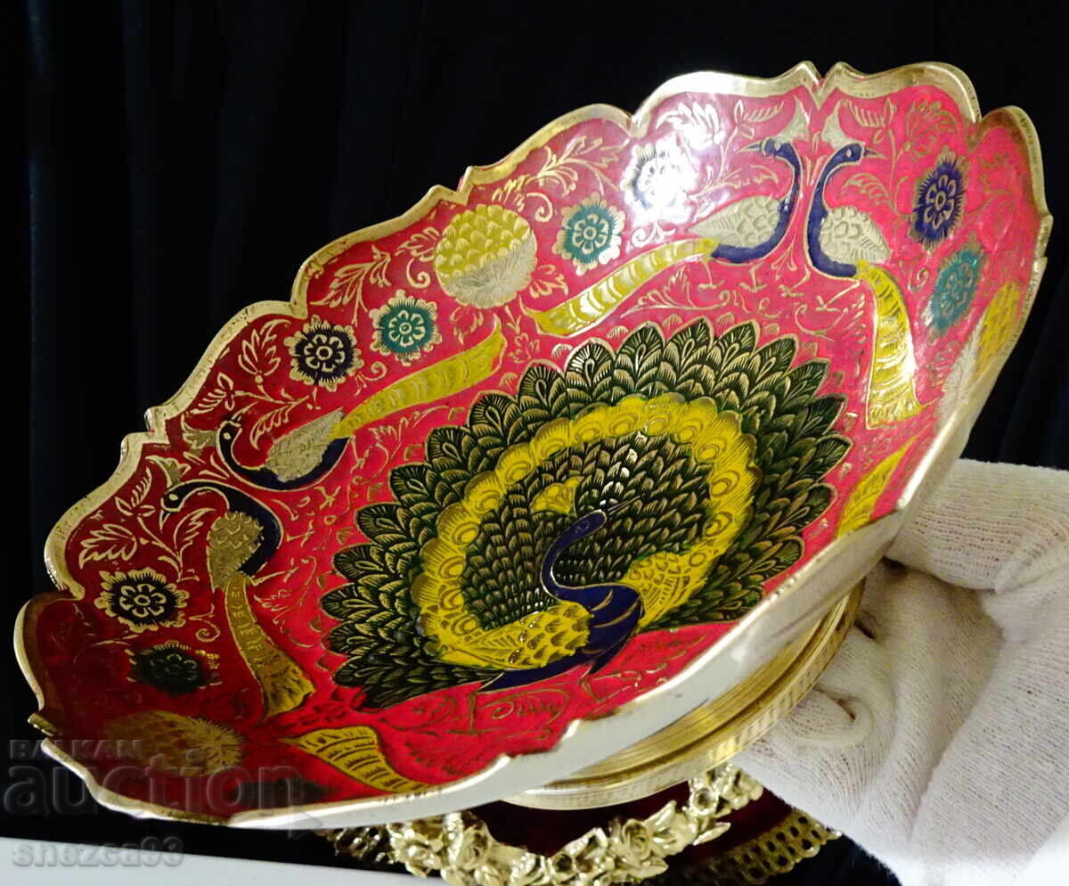 Raised bronze fruit bowl, peacock, cloisonné enamel Raised bronze fruit bowl, peacock, cloisonné enamel