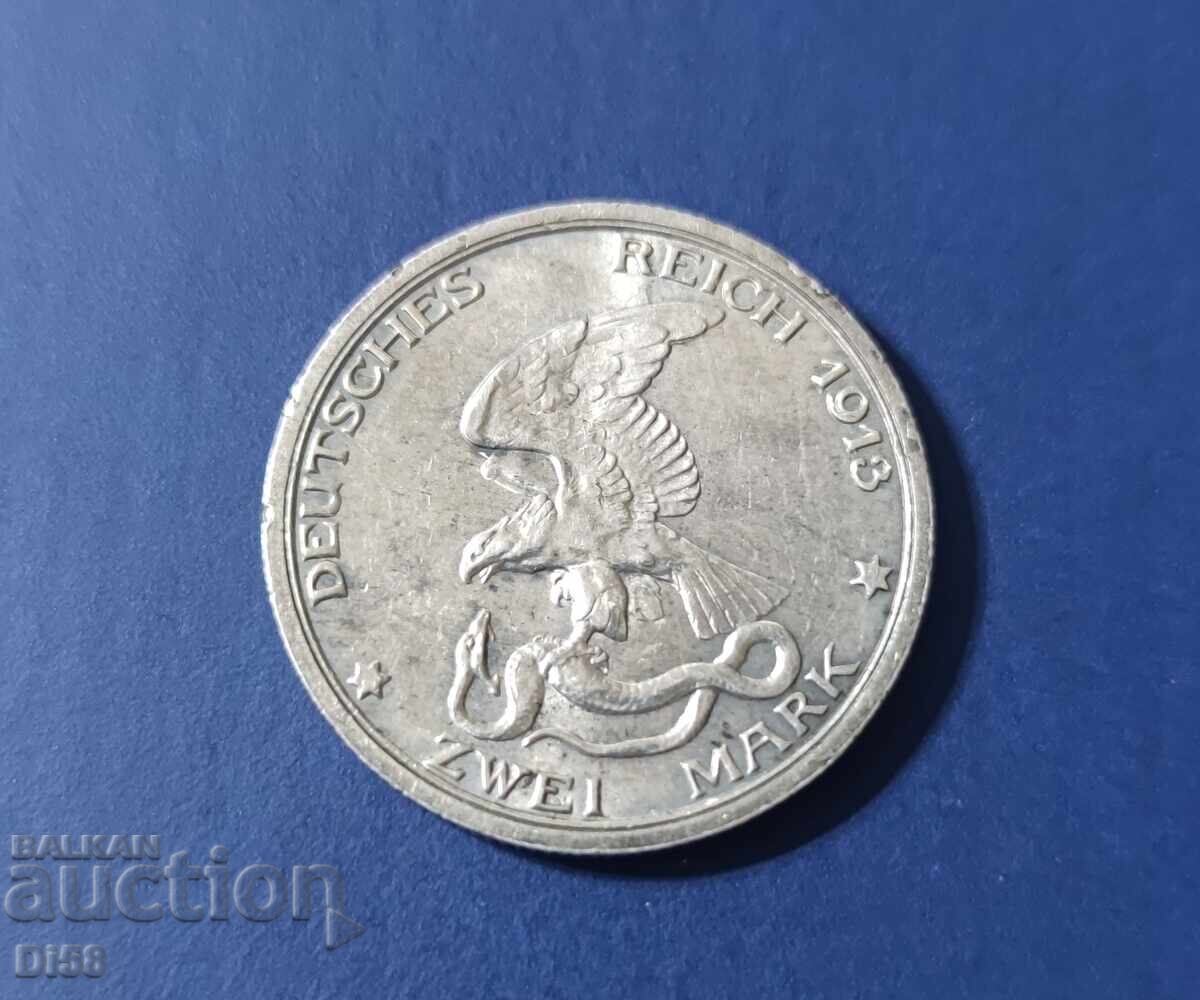 Сребърна Монета Германия 2 Марки 1913 г БЗЦ