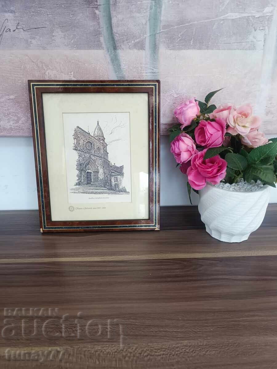 Винтиж картина графика с маркировки рамка стъкло