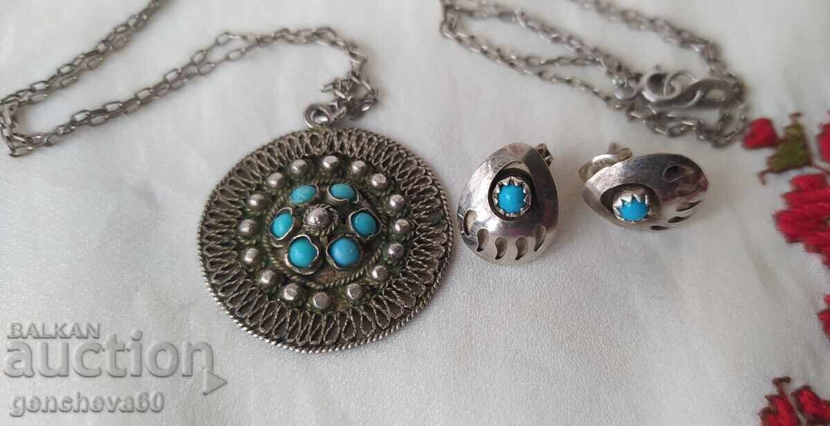 Доставка на Винтидж сребърно колие и обеци с тюркоаз