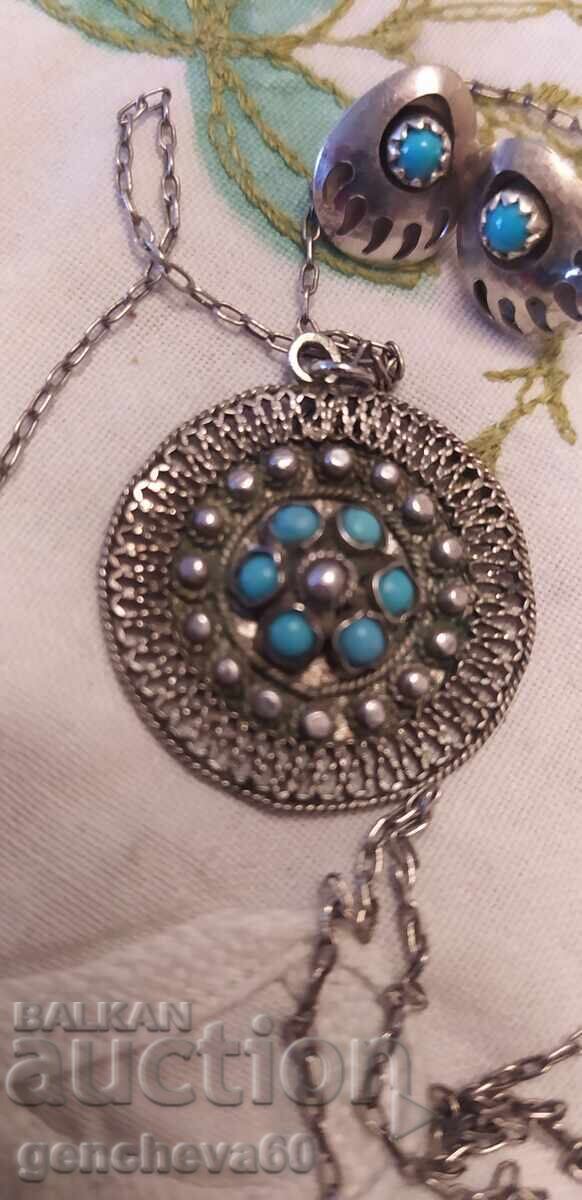 Винтидж сребърно колие и обеци с тюркоаз - 5