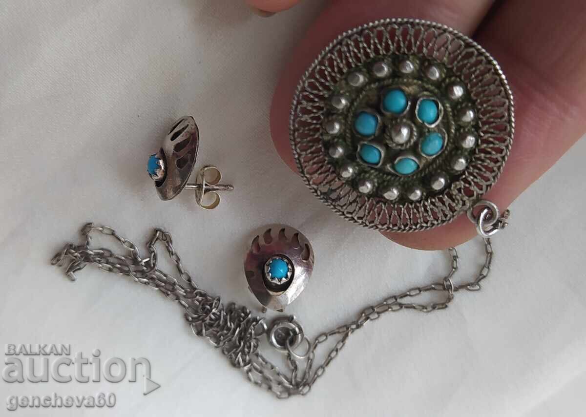 Винтидж сребърно колие и обеци с тюркоаз - 7