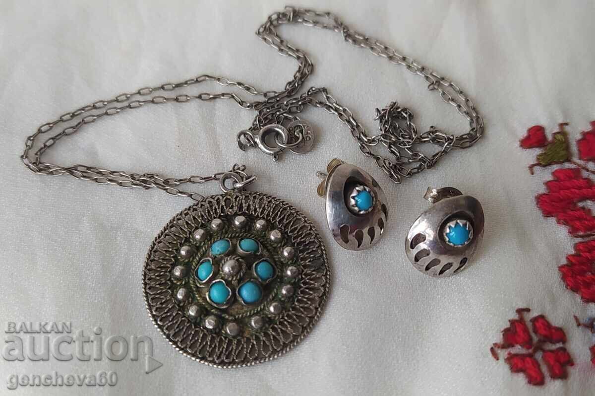 Винтидж сребърно колие и обеци с тюркоаз