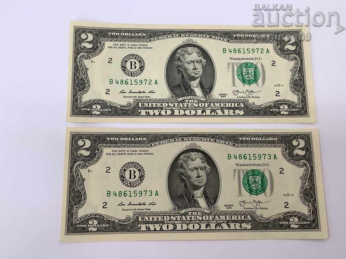 USA 2 Dollar 2013 UNC with consecutive serial numbers 2 pieces