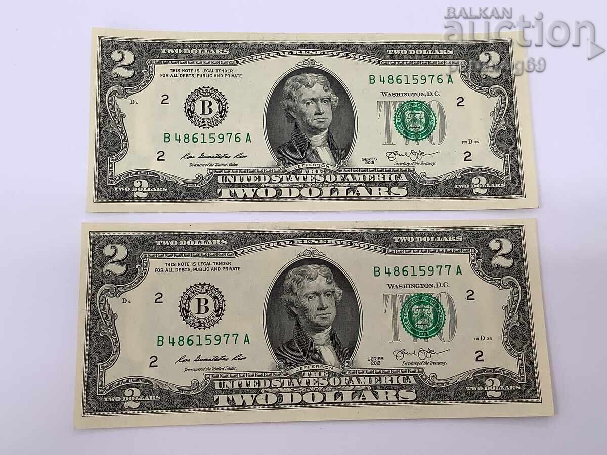 USA 2 Dollar 2013 UNC with consecutive serial numbers 2 pieces
