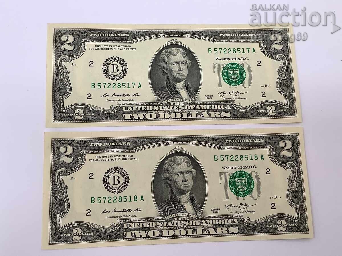 USA 2 Dollar 2013 UNC with consecutive serial numbers 2 pieces USA 2 Dollar 2013 UNC with consecutive serial numbers 2 pieces