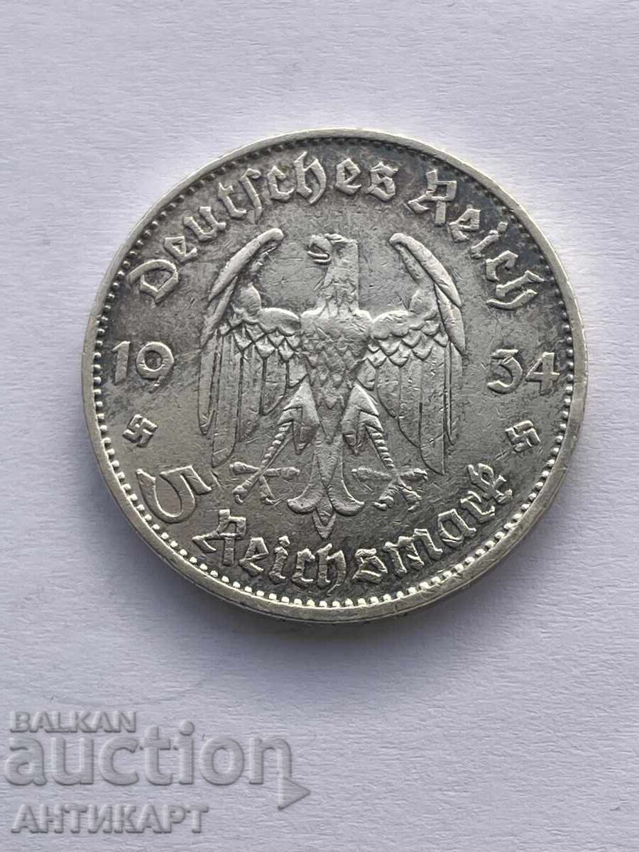Germany Silver Coin 5 Reich Marks Reichsmark 1934 D Germany Silver Coin 5 Reich Marks Reichsmark 1934 D
