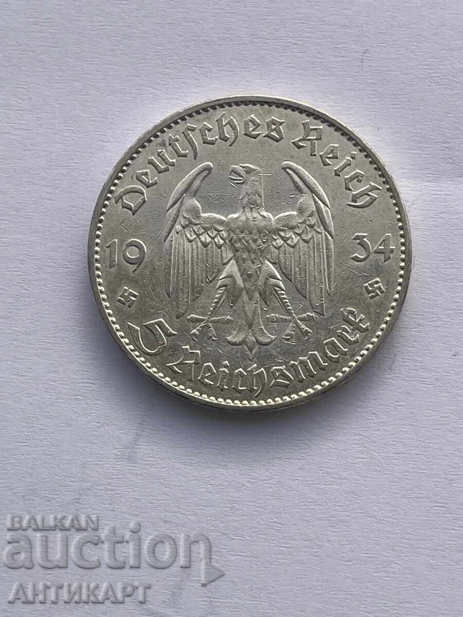 Germany Silver Coin 5 Reich Marks Reichsmark 1934 J