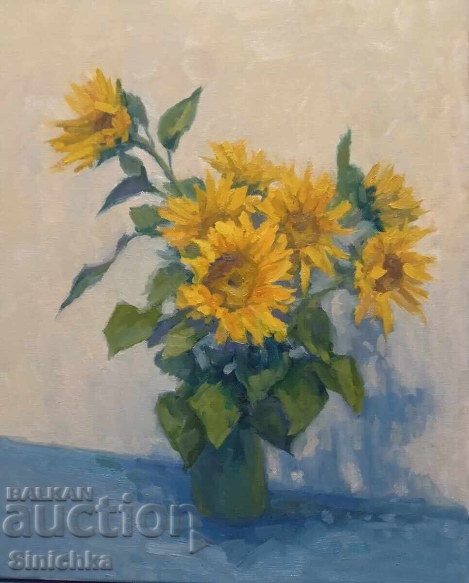 Έργο ζωγραφικής, ελαιογραφία, λουλούδια, Ηλιοτρόπια