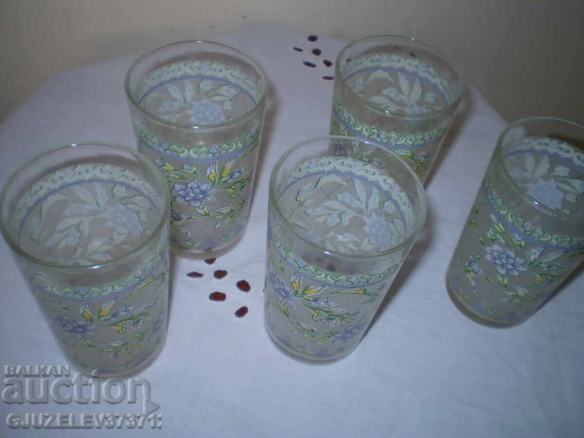 Πέντε παλιά γυάλινα ποτήρια, διάφανο γυαλί, ανάγλυφα μοτίβα - 5