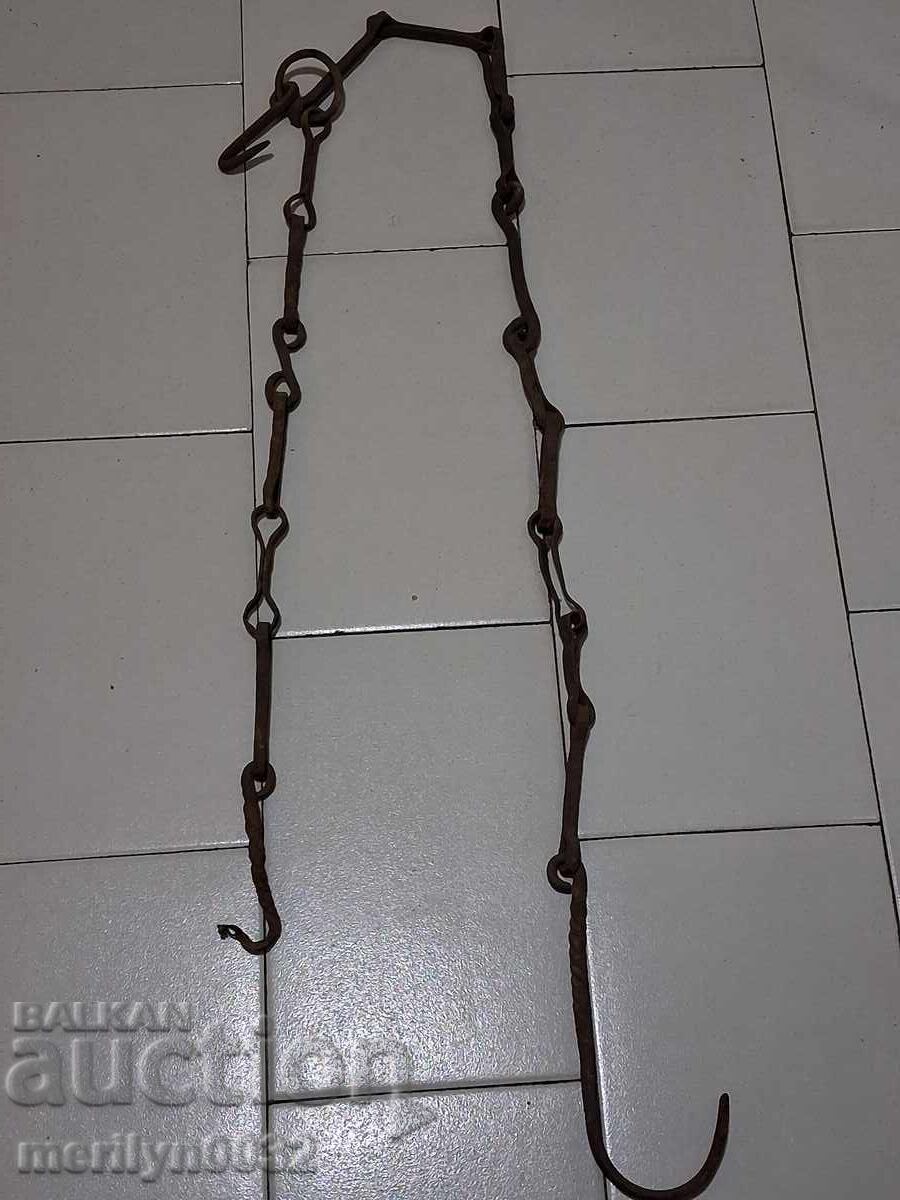 Auction  Old wrought iron chain with hook, hearth chain hook chain