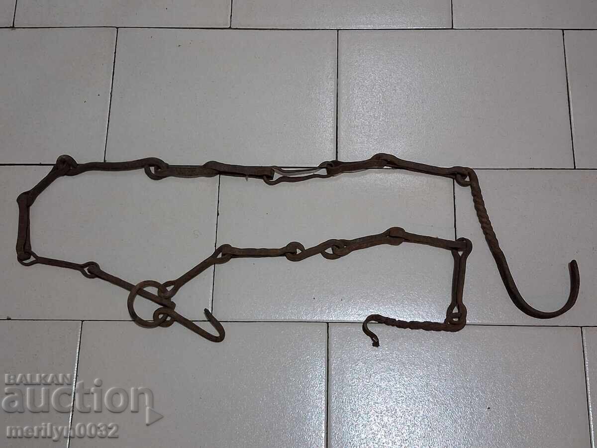 Old wrought iron chain with hook, hearth chain hook chain