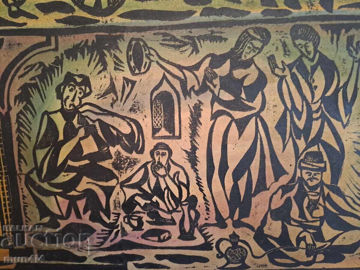 Δημοπρασία Υπογεγραμμένο έργο τέχνης, χρονολογημένη λινογραφία, καμβάς, πλαίσιο