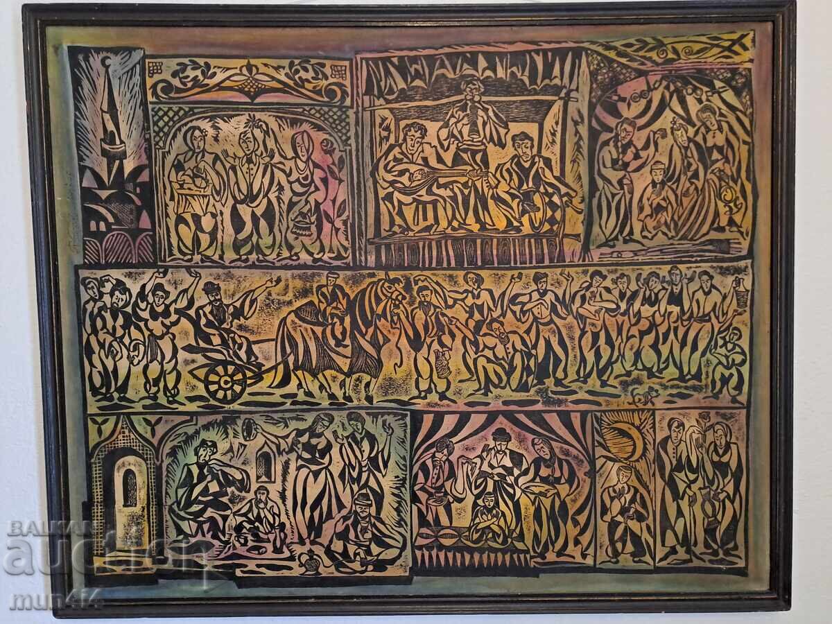 Υπογεγραμμένο έργο τέχνης, χρονολογημένη λινογραφία, καμβάς, πλαίσιο