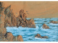 Стара картина гваш морски пейзаж скалист бряг