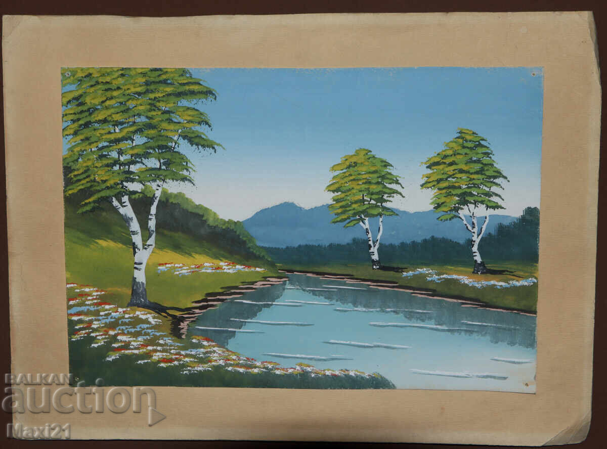 Pictură veche guașă peisaj de râu cu preț 200.00 BGN | € 102.26