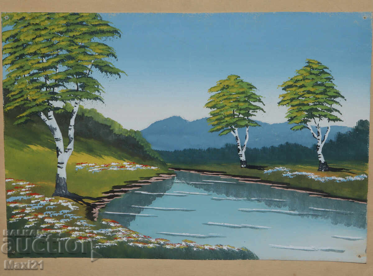 Licitație Pictură veche guașă peisaj de râu