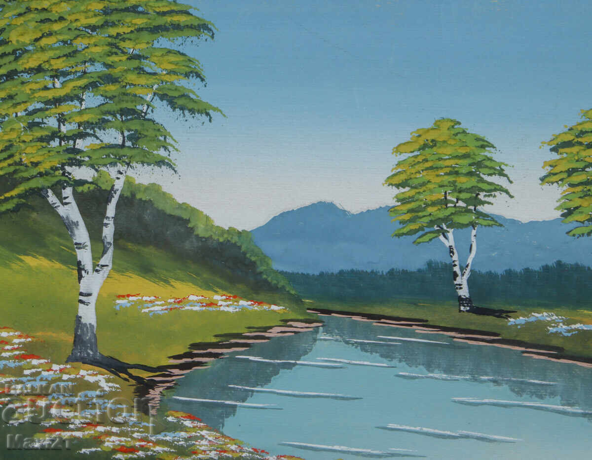 Livrarea Pictură veche guașă peisaj de râu