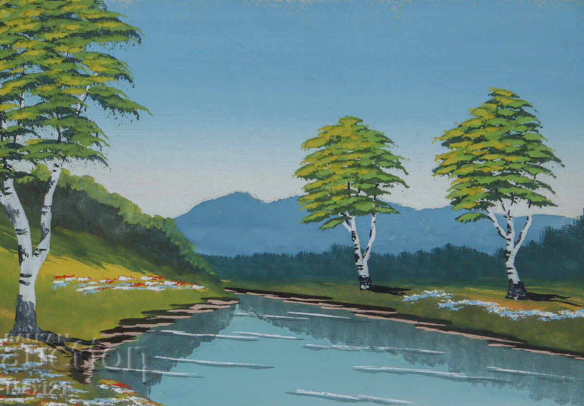 Pictură veche guașă peisaj de râu - 5