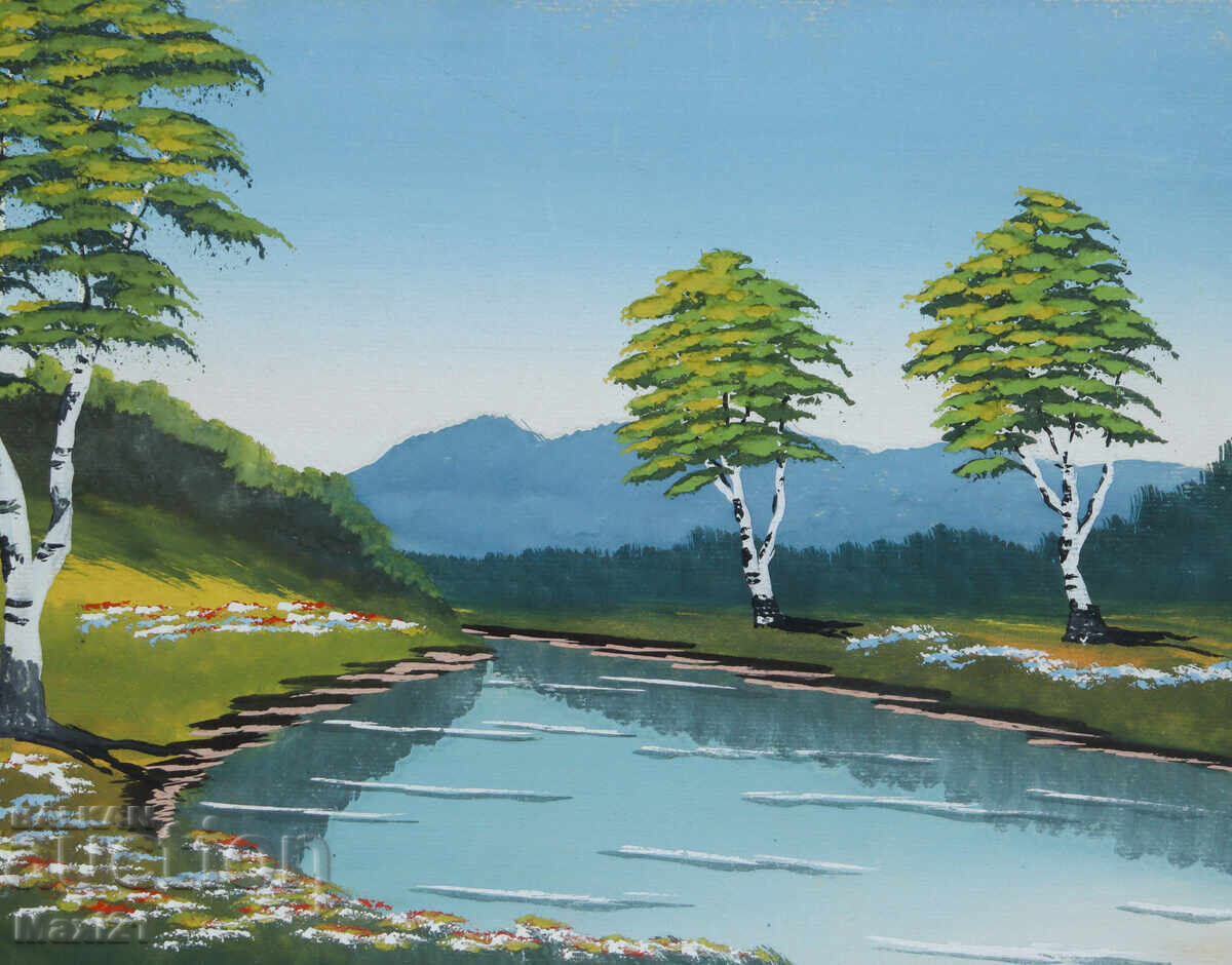 Pictură veche guașă peisaj de râu - 6