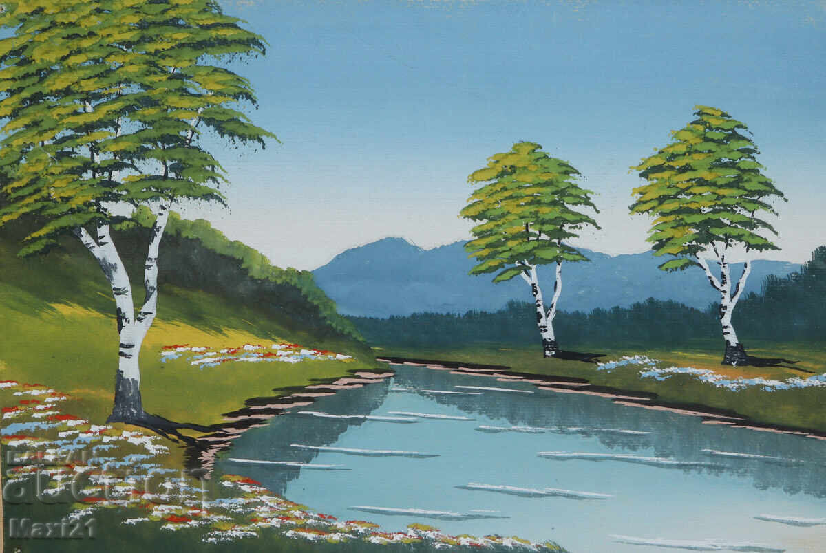 Pictură veche guașă peisaj de râu