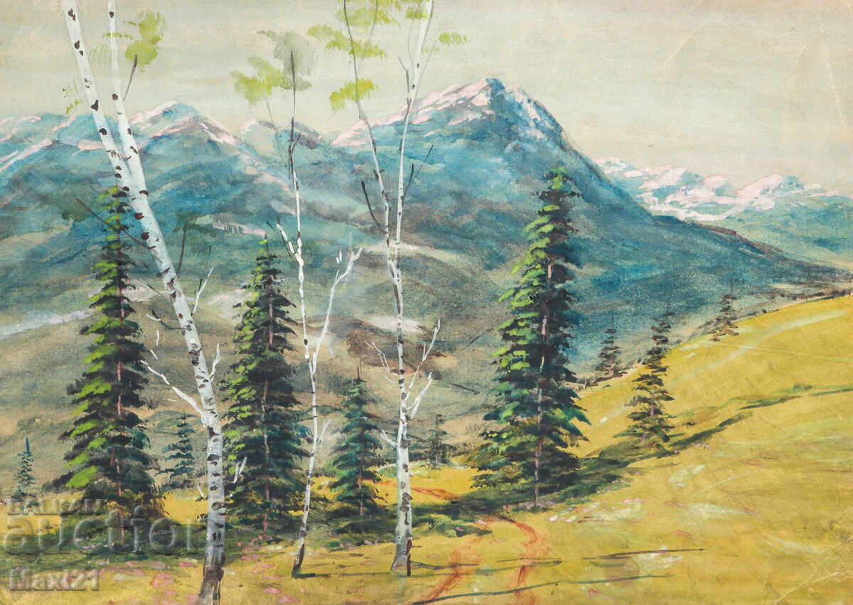 Delivery of Old gouache painting landscape mountain lake