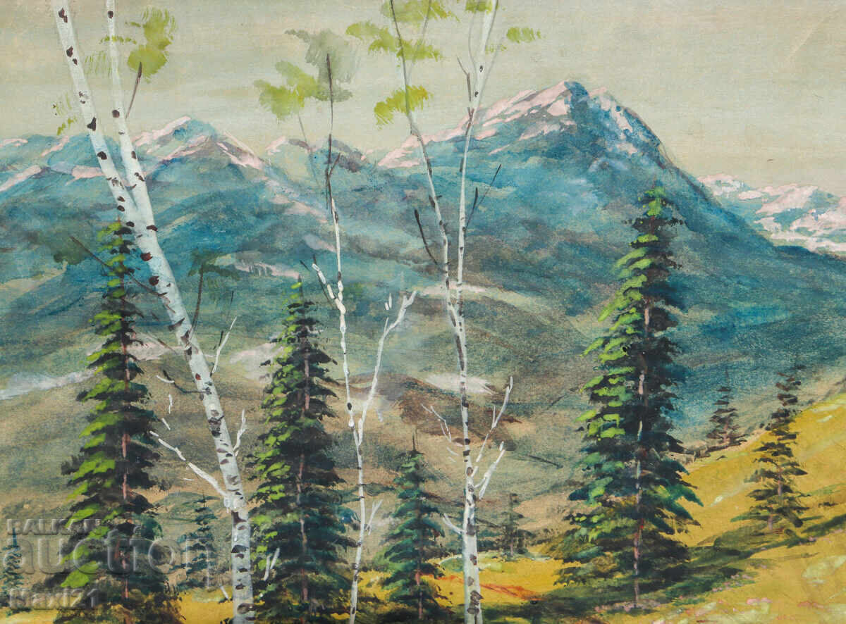 Old gouache painting landscape mountain lake - 5