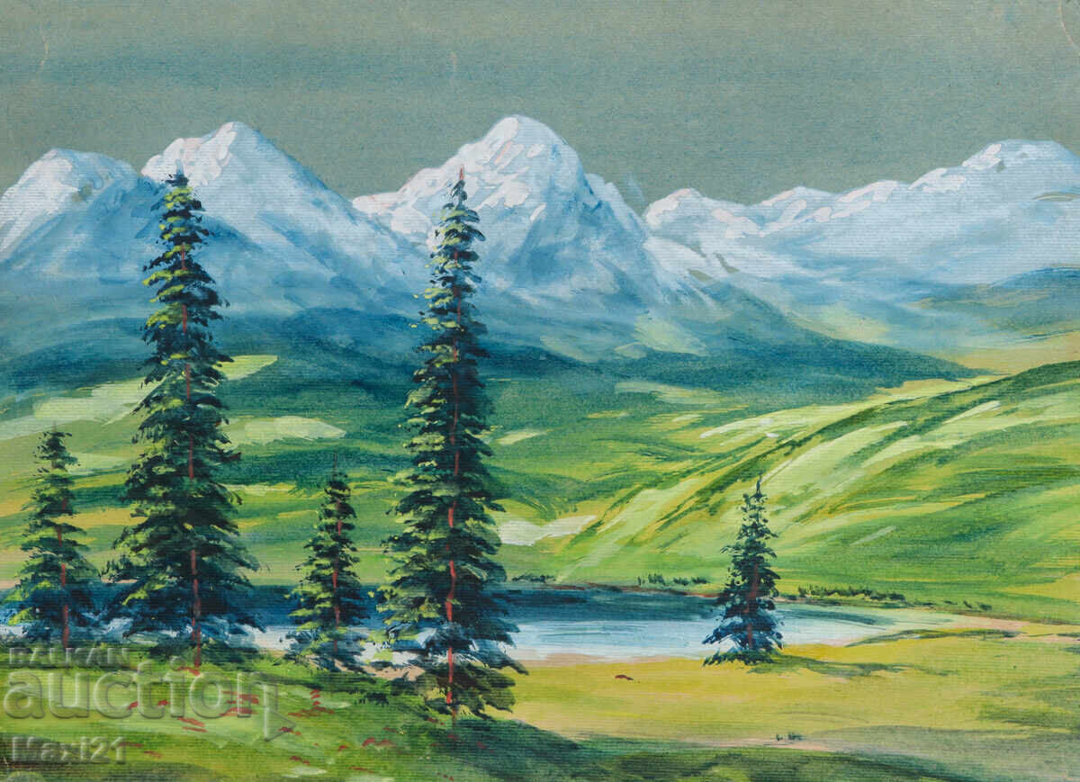 Old gouache painting landscape mountain lake