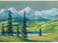 Old gouache painting landscape mountain lake