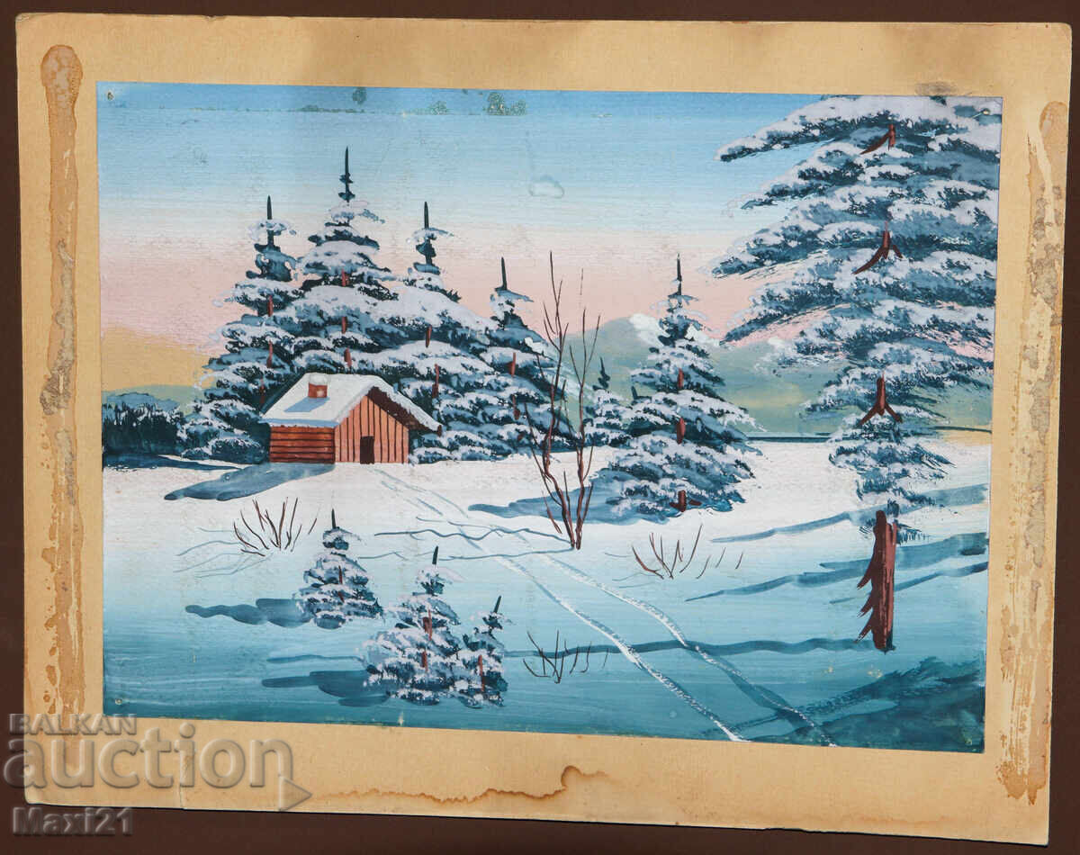 Παλιός πίνακας γκουάς χειμωνιάτικου τοπίου με τιμή 200.00 BGN | € 102.26