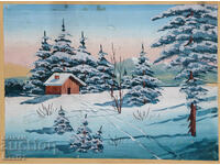 Old gouache painting winter landscape