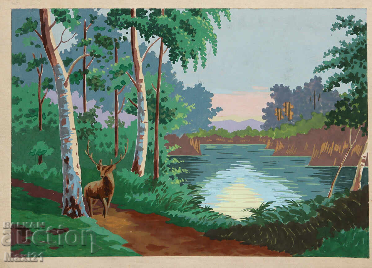 Аукцион Стара картина гваш красив природен пейзаж