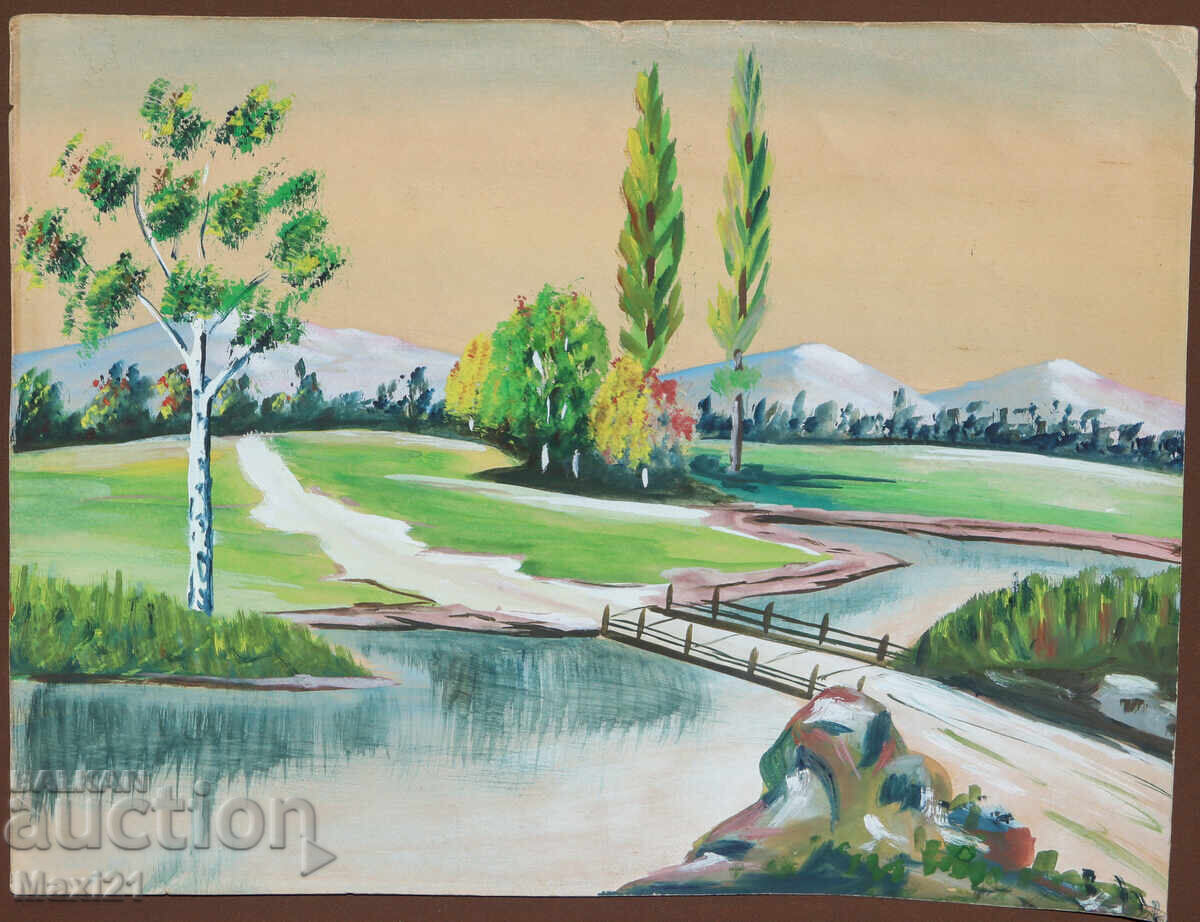 Old gouache painting, beautiful river landscape with price 200.00 BGN | € 102.26