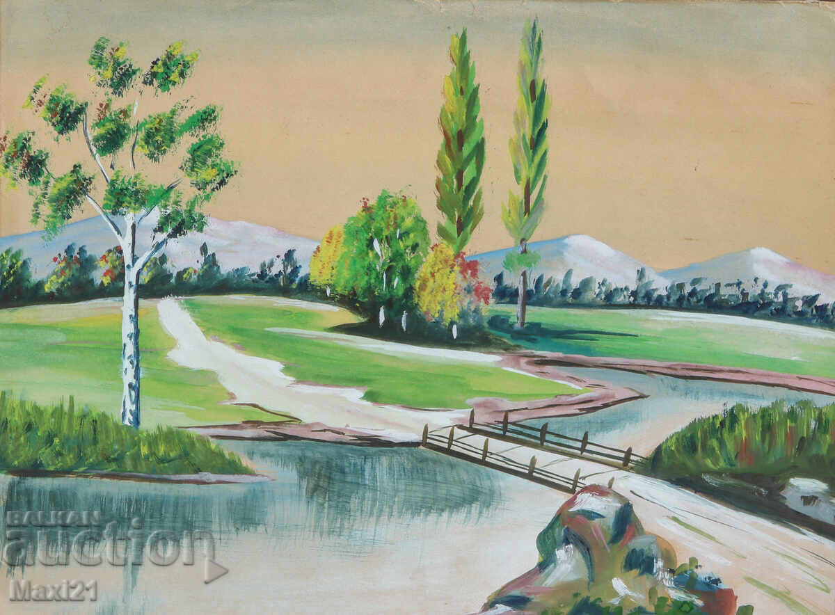 Auction  Old gouache painting, beautiful river landscape