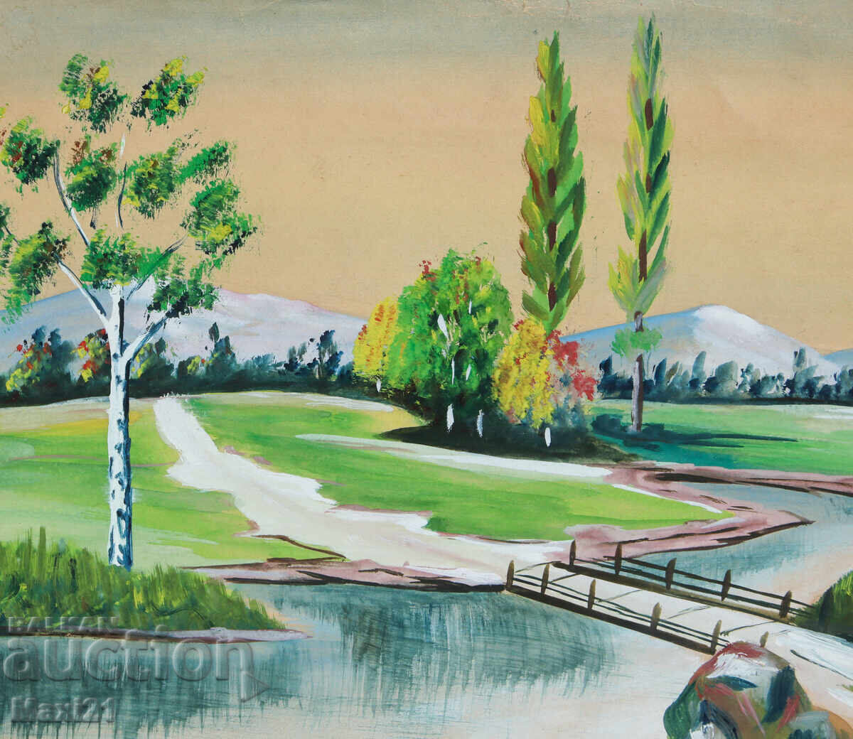 Delivery of Old gouache painting, beautiful river landscape