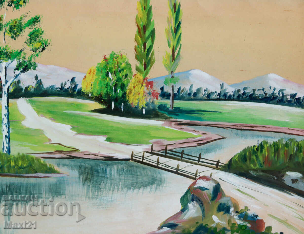 Old gouache painting, beautiful river landscape - 5