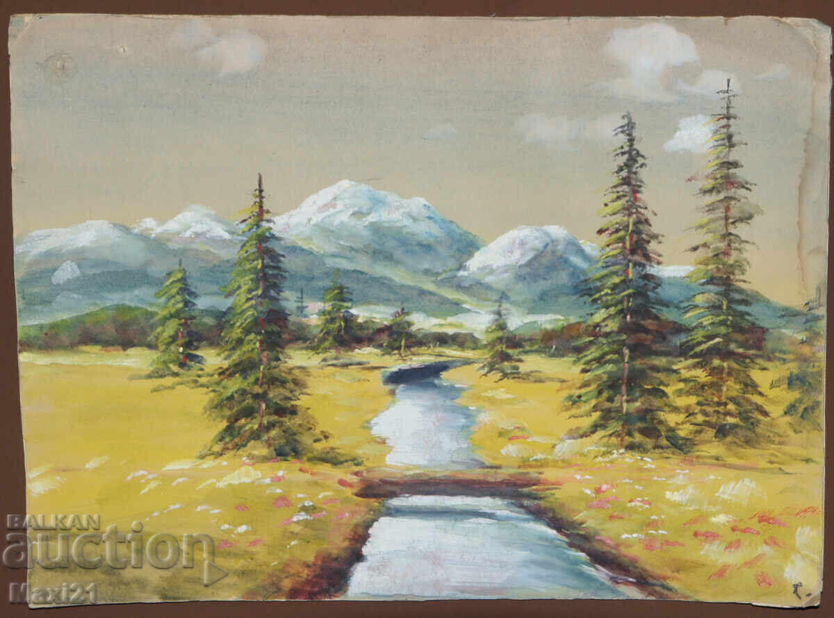 Παλιός πίνακας γκουάς όμορφο τοπίο ορεινό ρυάκι με τιμή 200.00 BGN | € 102.26