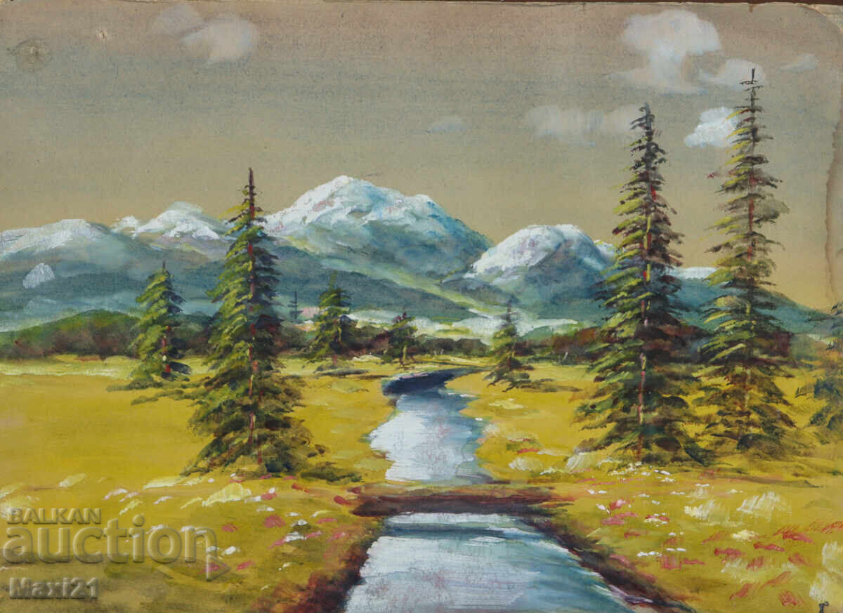 Δημοπρασία Παλιός πίνακας γκουάς όμορφο τοπίο ορεινό ρυάκι