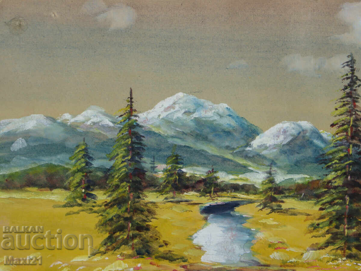 Παράδοση Παλιός πίνακας γκουάς όμορφο τοπίο ορεινό ρυάκι