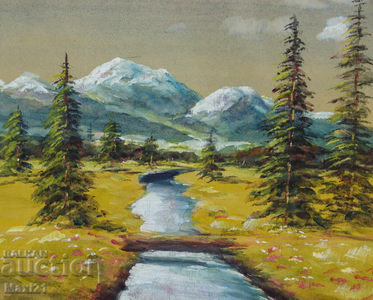 Παλιός πίνακας γκουάς όμορφο τοπίο ορεινό ρυάκι - 5