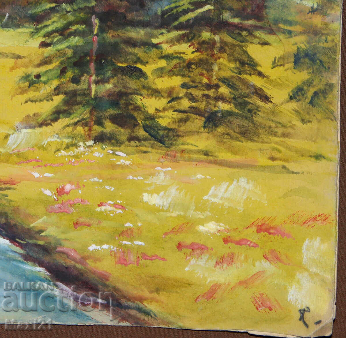 Παλιός πίνακας γκουάς όμορφο τοπίο ορεινό ρυάκι - 6