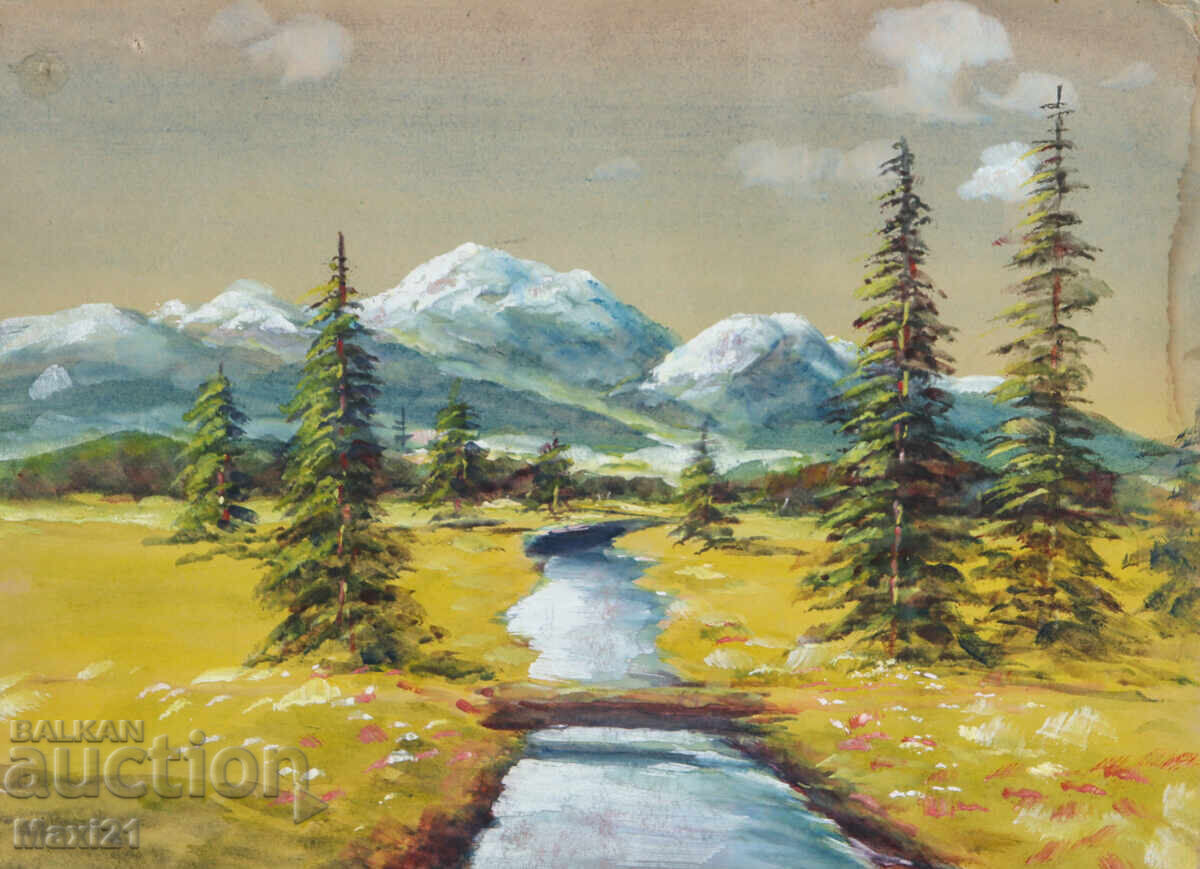 Παλιός πίνακας γκουάς όμορφο τοπίο ορεινό ρυάκι