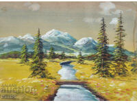 Old gouache painting, beautiful landscape, mountain stream