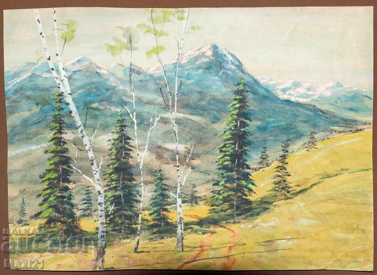 Old gouache painting, beautiful mountain landscape with price 200.00 BGN | € 102.26