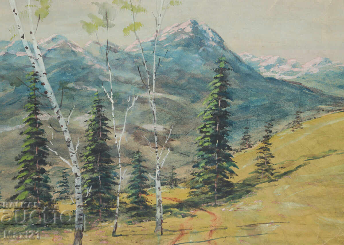 Old gouache painting, beautiful mountain landscape - 5