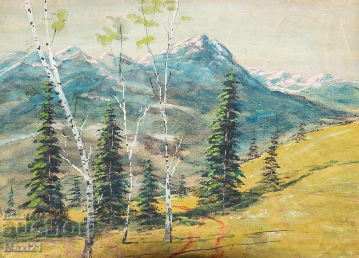 Old gouache painting, beautiful mountain landscape