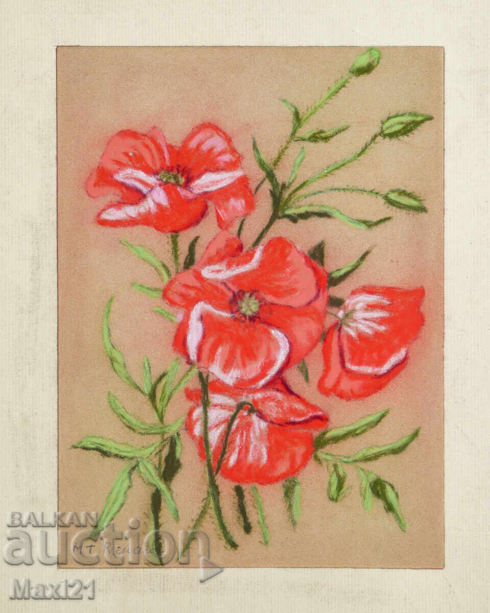 Licitație Tablou pastel natură statică maci