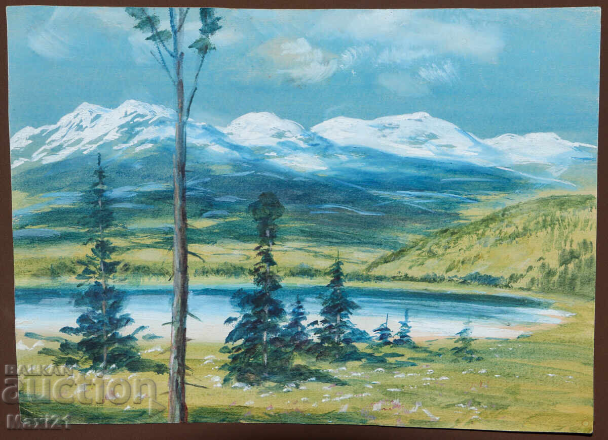 Old gouache painting landscape mountain lake with price 200.00 BGN | € 102.26