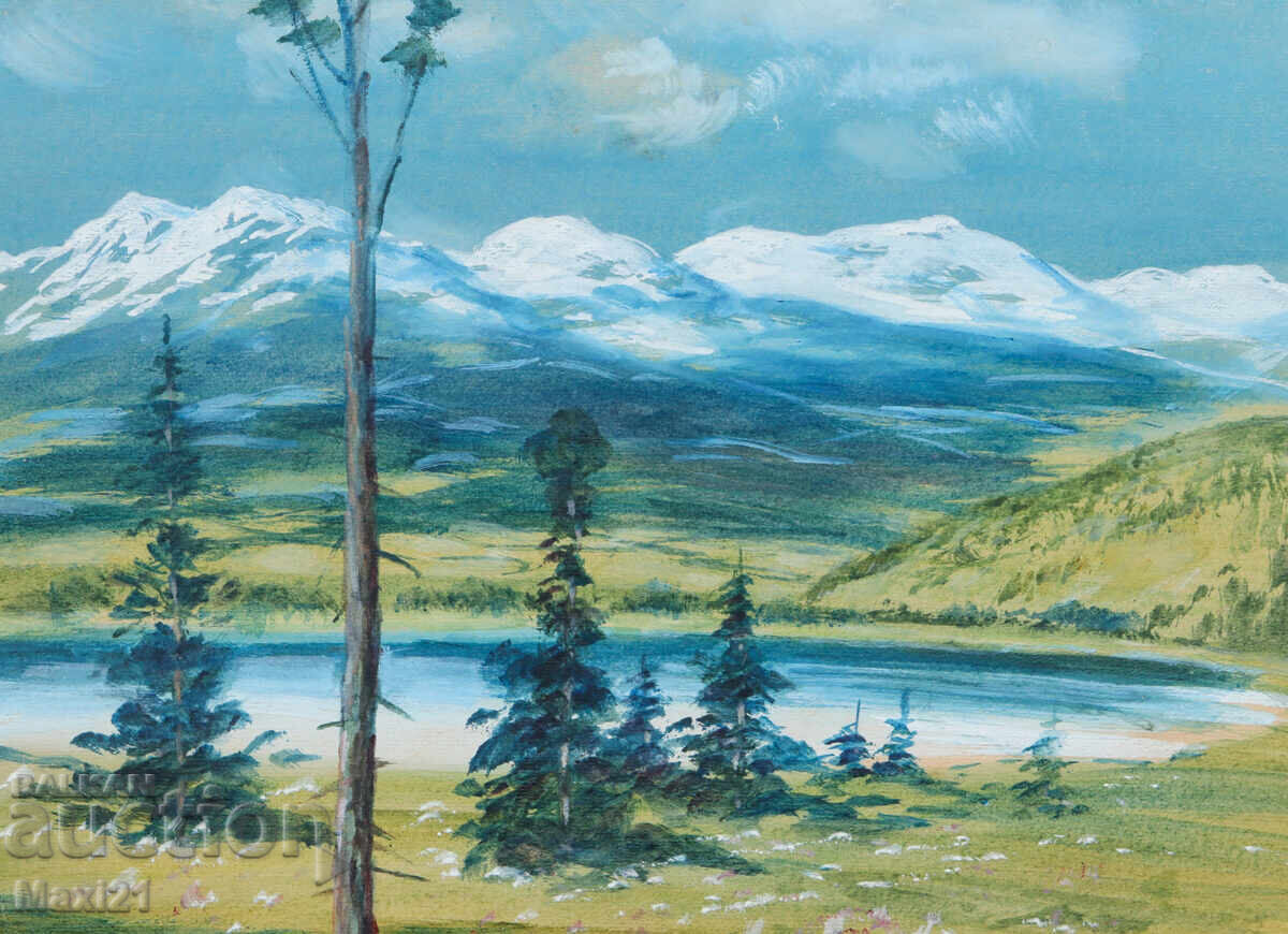 Auction  Old gouache painting landscape mountain lake