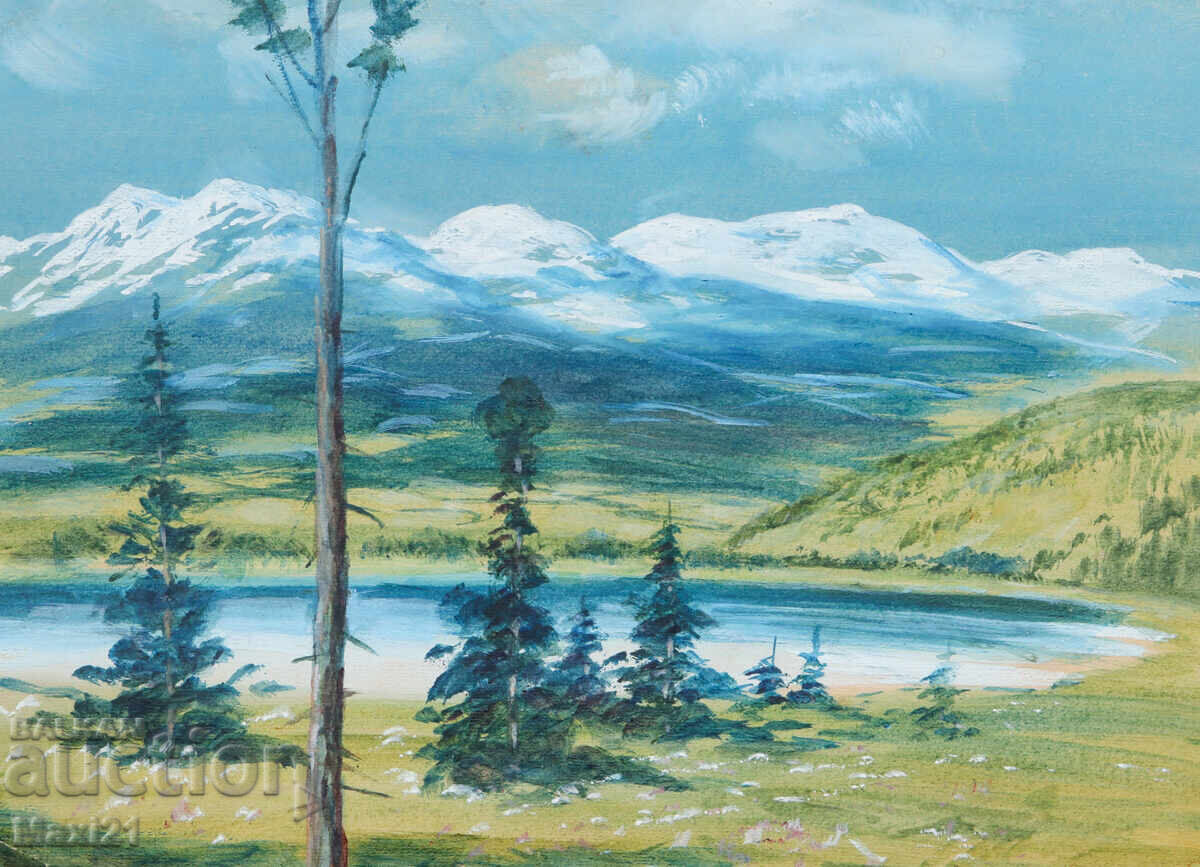 Delivery of Old gouache painting landscape mountain lake
